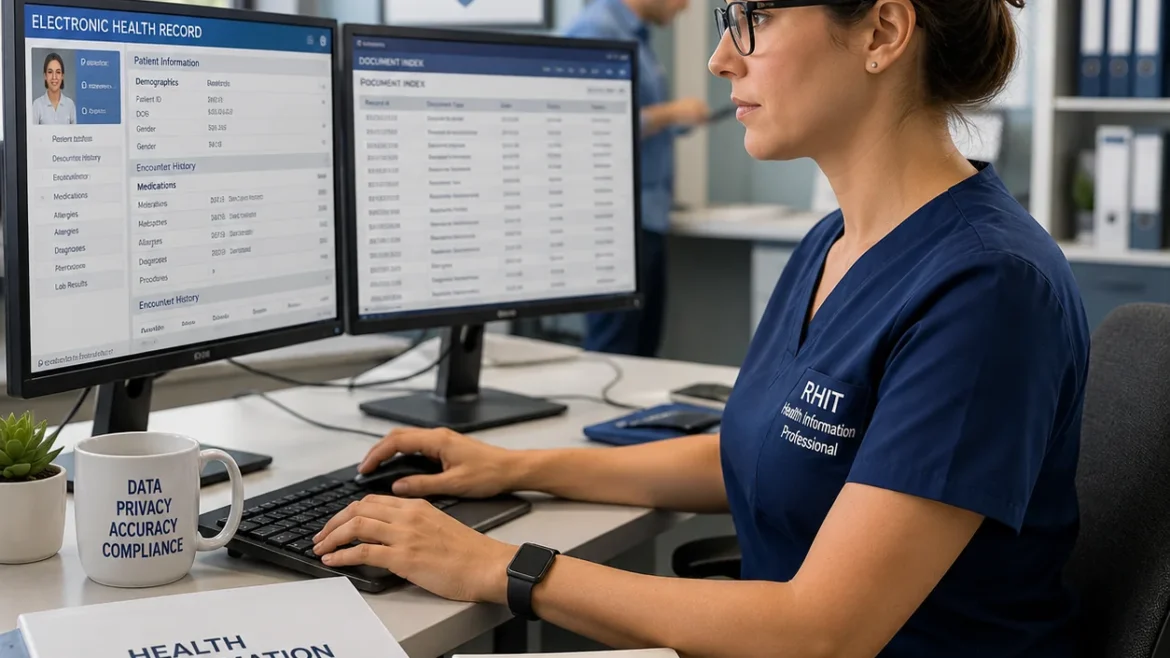 Registered Health Information Technician (RHIT) managing electronic health records and patient data in a modern healthcare office environment.