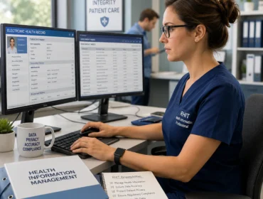 Registered Health Information Technician (RHIT) managing electronic health records and patient data in a modern healthcare office environment.
