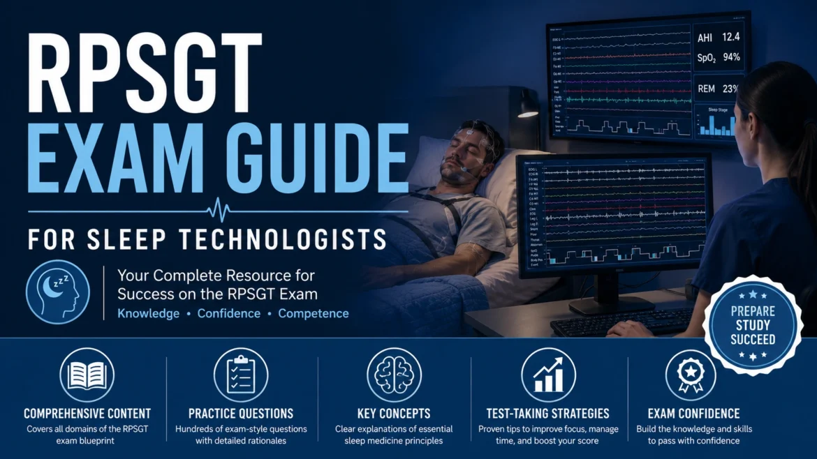 RPSGT Exam Guide for Sleep Technologists banner featuring a sleep study lab, polysomnography monitoring screens, patient sleep testing, and exam preparation resources for registered sleep technologists.