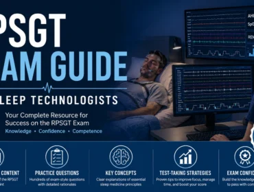 RPSGT Exam Guide for Sleep Technologists banner featuring a sleep study lab, polysomnography monitoring screens, patient sleep testing, and exam preparation resources for registered sleep technologists.