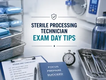 Professional 3D-style sterile processing technician exam day tips graphic featuring sterilization instruments, exam checklist, stopwatch, and study notebook in a modern clinical setting.