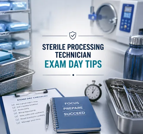 Professional 3D-style sterile processing technician exam day tips graphic featuring sterilization instruments, exam checklist, stopwatch, and study notebook in a modern clinical setting.
