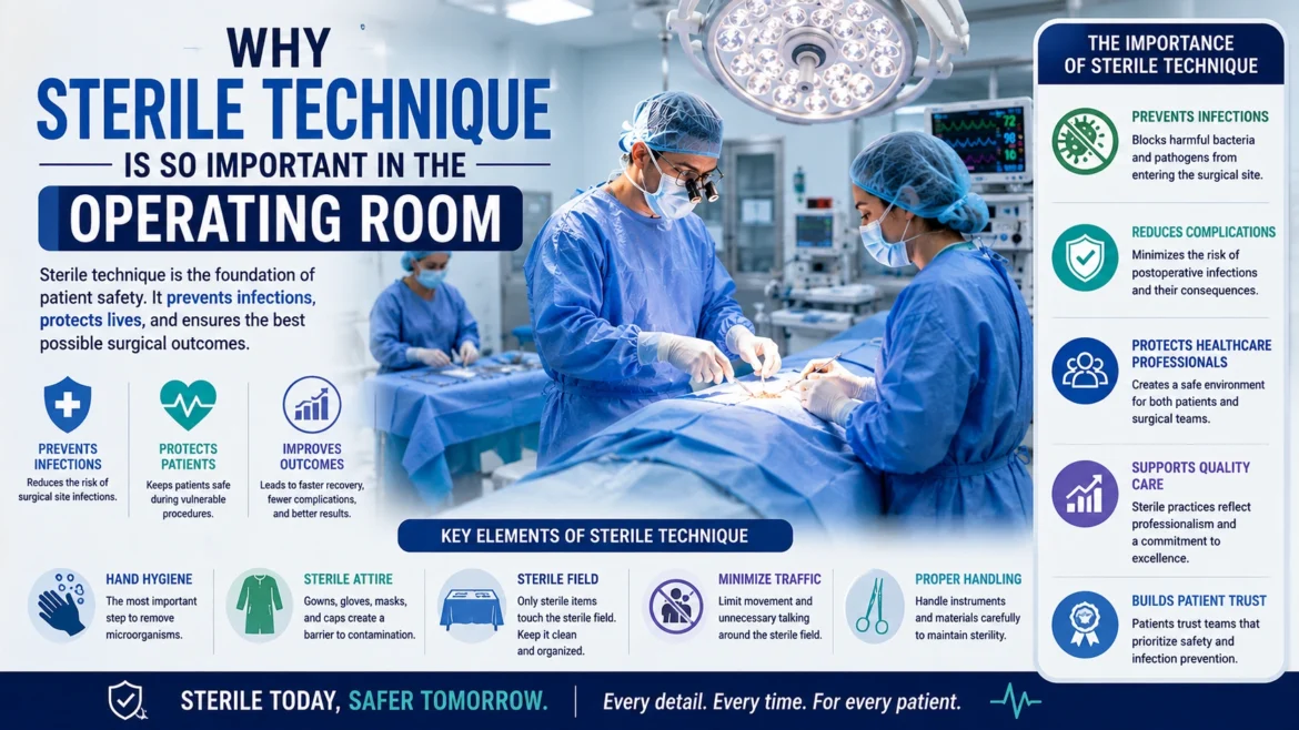 Surgical team performing a procedure using sterile technique in a modern operating room, highlighting infection prevention, patient safety, sterile instruments, and proper surgical practices during surgery.