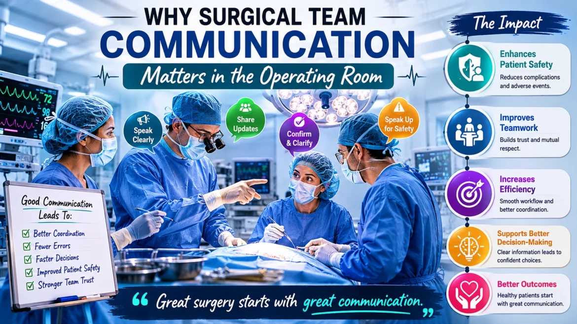 Surgical team communicating during an operation in a modern operating room, highlighting the importance of teamwork, patient safety, coordination, and clear communication among surgeons, nurses, and healthcare professionals during surgery.