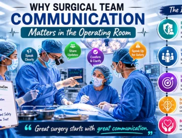 Surgical team communicating during an operation in a modern operating room, highlighting the importance of teamwork, patient safety, coordination, and clear communication among surgeons, nurses, and healthcare professionals during surgery.