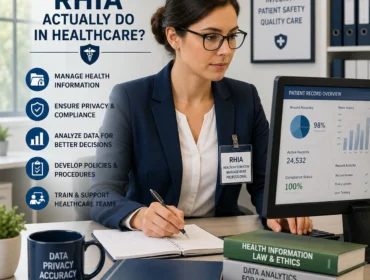 Registered Health Information Administrator (RHIA) reviewing healthcare data, patient records, and compliance reports in a modern medical office.
