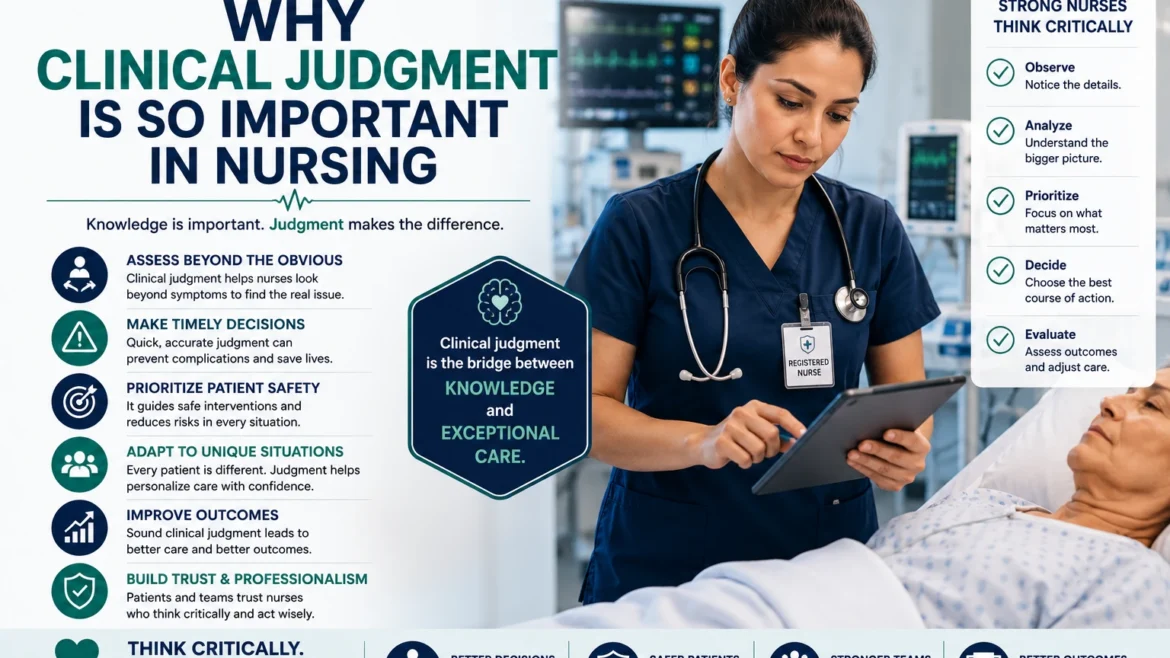 Registered nurse using clinical judgment and critical thinking skills while assessing a patient in a modern hospital environment.