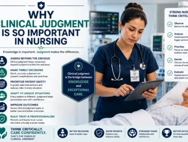 Registered nurse using clinical judgment and critical thinking skills while assessing a patient in a modern hospital environment.