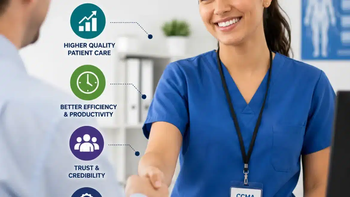 Certified medical assistant in blue scrubs shaking hands with an employer in a healthcare office, highlighting professionalism, patient care, efficiency, and workplace credibility.