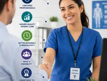 Certified medical assistant in blue scrubs shaking hands with an employer in a healthcare office, highlighting professionalism, patient care, efficiency, and workplace credibility.