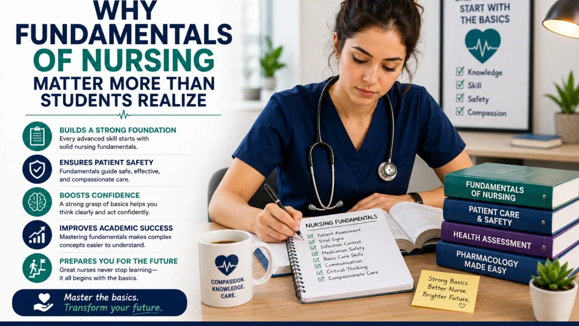 Nursing student studying fundamentals of nursing, patient care, and health assessment concepts to build a strong foundation for a successful nursing career.