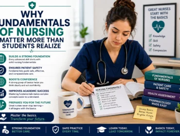 Nursing student studying fundamentals of nursing, patient care, and health assessment concepts to build a strong foundation for a successful nursing career.