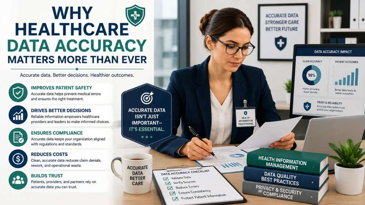 Healthcare information professional reviewing patient data and compliance reports to ensure healthcare data accuracy, patient safety, and better clinical outcomes.
