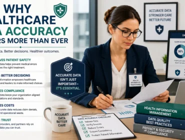 Healthcare information professional reviewing patient data and compliance reports to ensure healthcare data accuracy, patient safety, and better clinical outcomes.