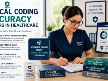 Medical coder reviewing healthcare records and coding reports to improve billing accuracy, patient care, compliance, and healthcare data integrity.