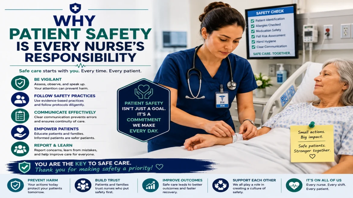 Registered nurse providing safe patient care and monitoring patient safety protocols in a modern hospital environment.