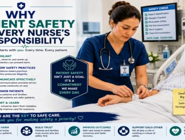 Registered nurse providing safe patient care and monitoring patient safety protocols in a modern hospital environment.