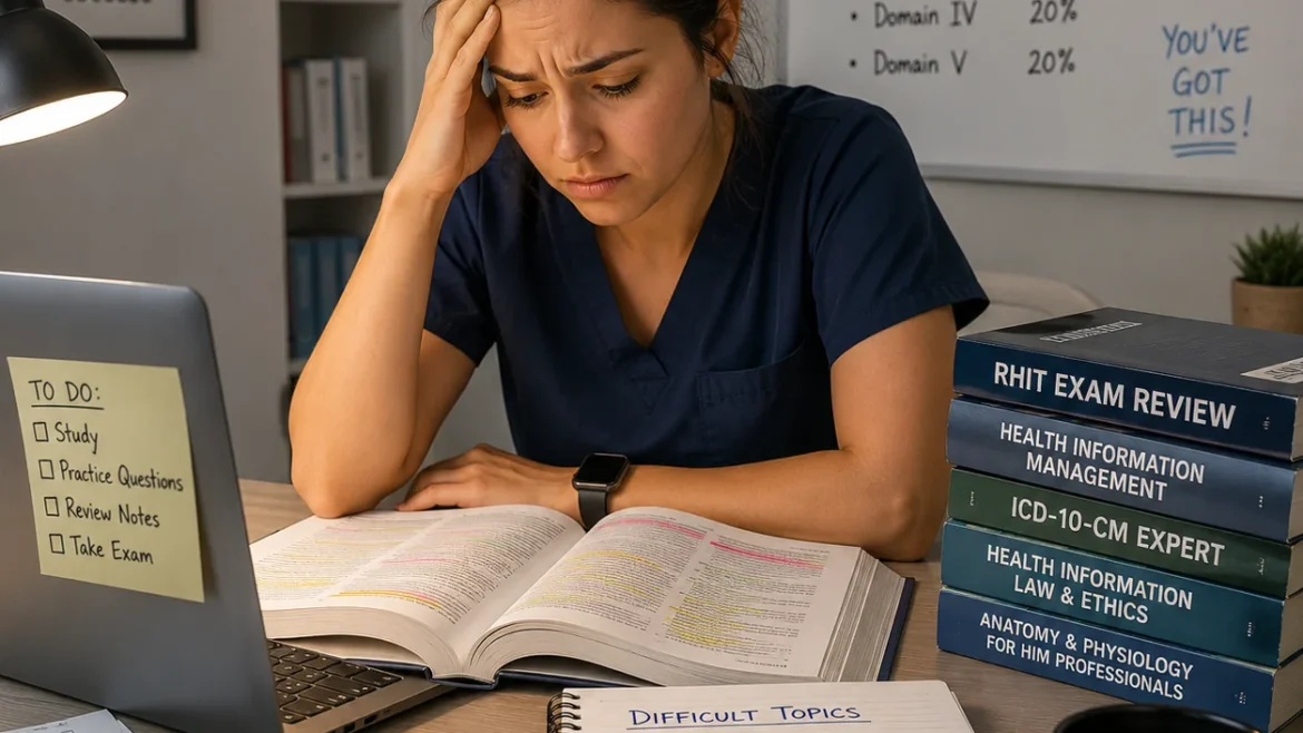 Stressed RHIT student studying late at night with exam books, notes, and healthcare information management study materials on a desk