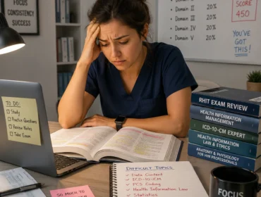 Stressed RHIT student studying late at night with exam books, notes, and healthcare information management study materials on a desk