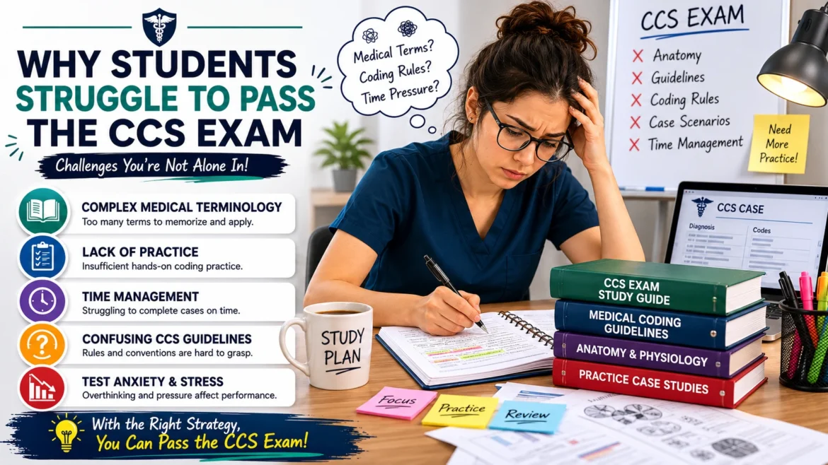 Stressed CCS exam student studying medical coding guidelines, anatomy, and practice case studies while preparing for the Certified Coding Specialist exam.