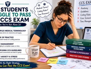 Stressed CCS exam student studying medical coding guidelines, anatomy, and practice case studies while preparing for the Certified Coding Specialist exam.