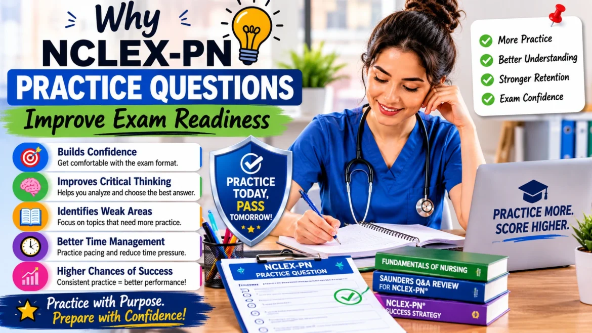 Nursing student practicing NCLEX-PN exam questions to improve confidence, critical thinking, time management, and overall exam readiness for practical nursing certification.