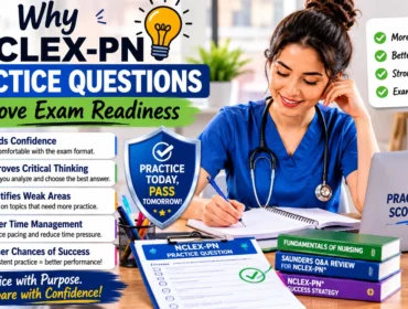 Nursing student practicing NCLEX-PN exam questions to improve confidence, critical thinking, time management, and overall exam readiness for practical nursing certification.