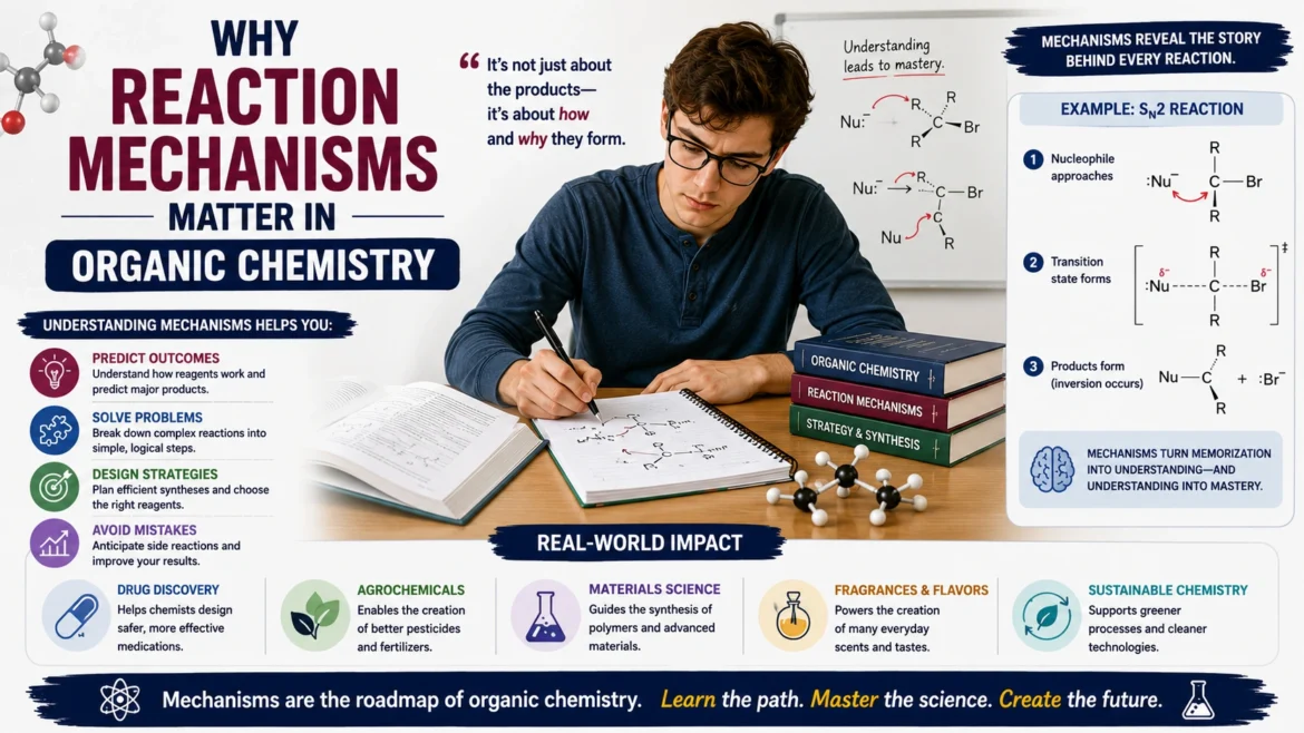 Student studying organic chemistry reaction mechanisms with molecular structures, reaction pathways, and chemistry textbooks, illustrating the importance of understanding reaction mechanisms for predicting reactions, solving problems, and mastering organic chemistry concepts.