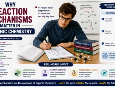 Student studying organic chemistry reaction mechanisms with molecular structures, reaction pathways, and chemistry textbooks, illustrating the importance of understanding reaction mechanisms for predicting reactions, solving problems, and mastering organic chemistry concepts.