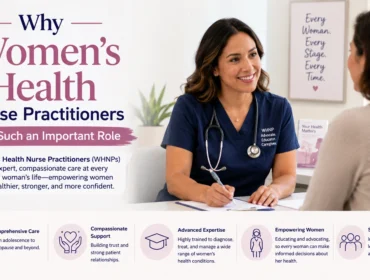 Compassionate women’s health nurse practitioner consulting with a female patient in a modern clinic, highlighting the important role of WHNPs in women’s healthcare, patient education, preventive care, and wellness support.
