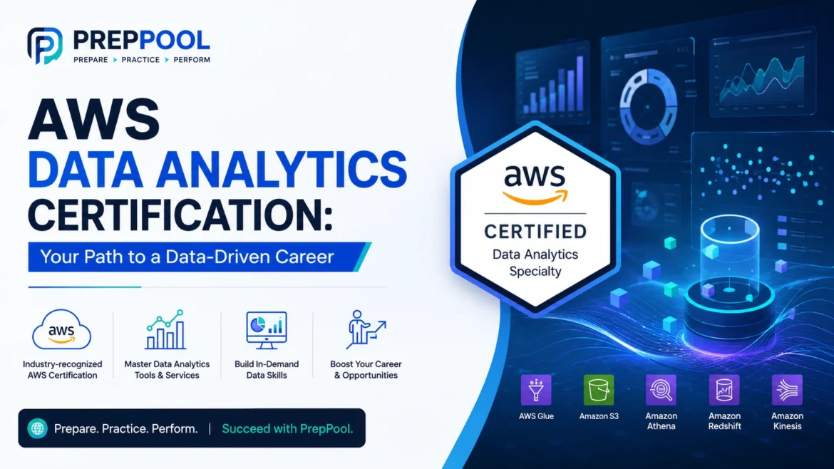 AWS Data Analytics Certification banner by PrepPool featuring AWS Certified Data Analytics Specialty badge, cloud analytics tools, data visualization dashboards, and career advancement pathway for aspiring data professionals.