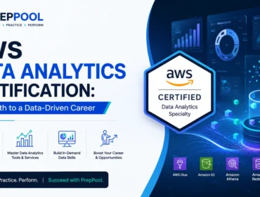 AWS Data Analytics Certification banner by PrepPool featuring AWS Certified Data Analytics Specialty badge, cloud analytics tools, data visualization dashboards, and career advancement pathway for aspiring data professionals.