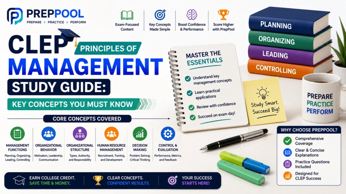 CLEP Principles of Management Study Guide infographic by PrepPool featuring management functions, organizational behavior, leadership, decision-making, human resource management, organizational structure, and exam preparation strategies for CLEP success.