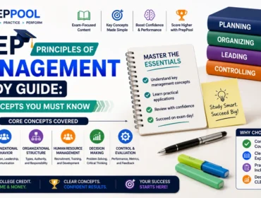 CLEP Principles of Management Study Guide infographic by PrepPool featuring management functions, organizational behavior, leadership, decision-making, human resource management, organizational structure, and exam preparation strategies for CLEP success.