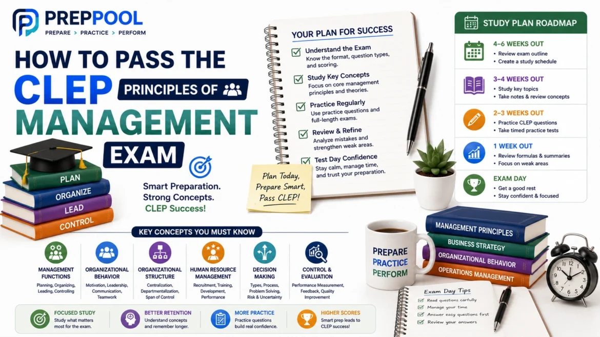 CLEP Principles of Management exam preparation infographic by PrepPool featuring study plans, management concepts, organizational behavior, leadership principles, practice strategies, exam tips, and proven methods to pass the CLEP exam.