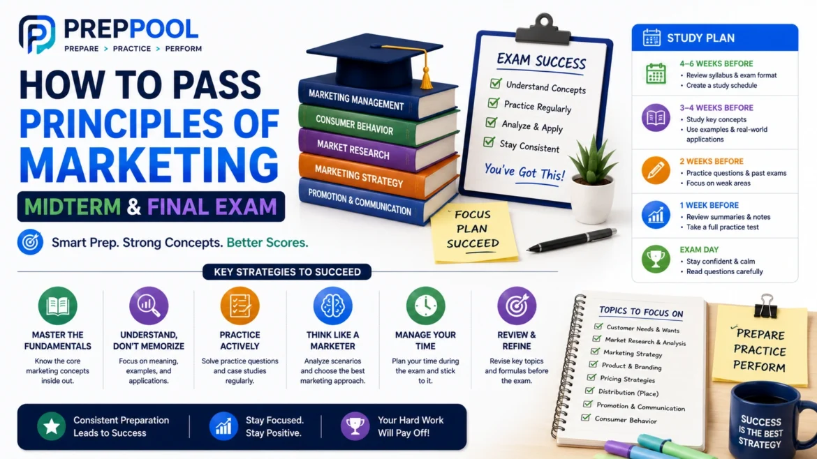 Principles of Marketing midterm and final exam study guide infographic by PrepPool featuring exam preparation strategies, marketing concepts review, study plan checklist, practice questions, and proven techniques to improve exam performance.
