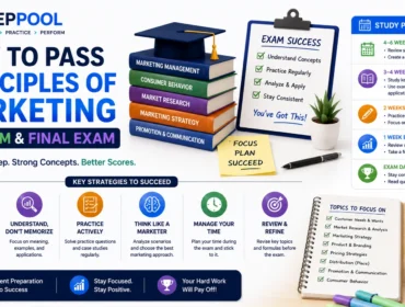 Principles of Marketing midterm and final exam study guide infographic by PrepPool featuring exam preparation strategies, marketing concepts review, study plan checklist, practice questions, and proven techniques to improve exam performance.