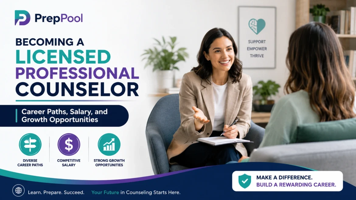 Licensed Professional Counselor career paths, salary, and growth opportunities infographic by PrepPool.