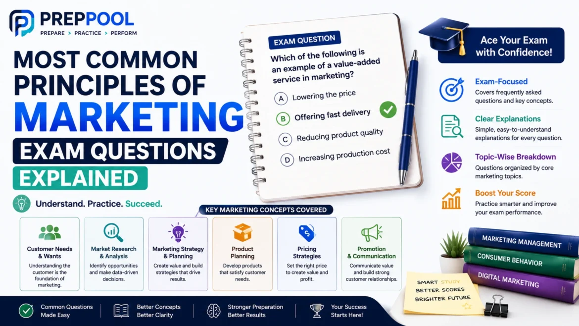 Principles of Marketing exam questions explained infographic by PrepPool featuring common marketing exam topics, multiple-choice question examples, customer needs analysis, market research, pricing strategies, promotion concepts, and exam preparation guidance.