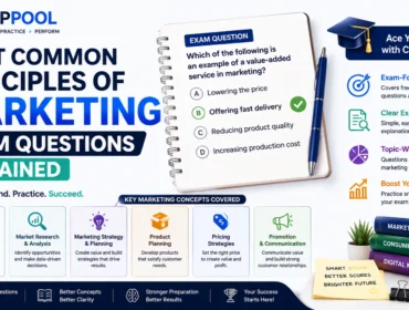 Principles of Marketing exam questions explained infographic by PrepPool featuring common marketing exam topics, multiple-choice question examples, customer needs analysis, market research, pricing strategies, promotion concepts, and exam preparation guidance.