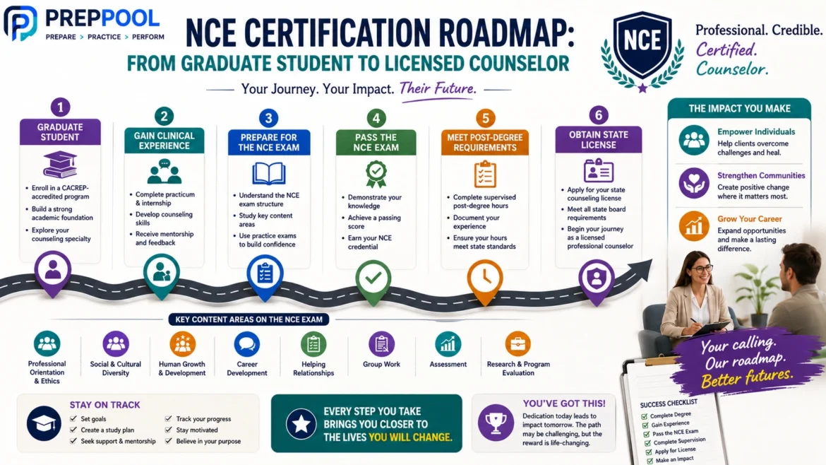 NCE Certification Roadmap infographic by PrepPool illustrating the journey from graduate counseling student to licensed professional counselor, including clinical experience, NCE exam preparation, certification milestones, supervision requirements, and state licensure.