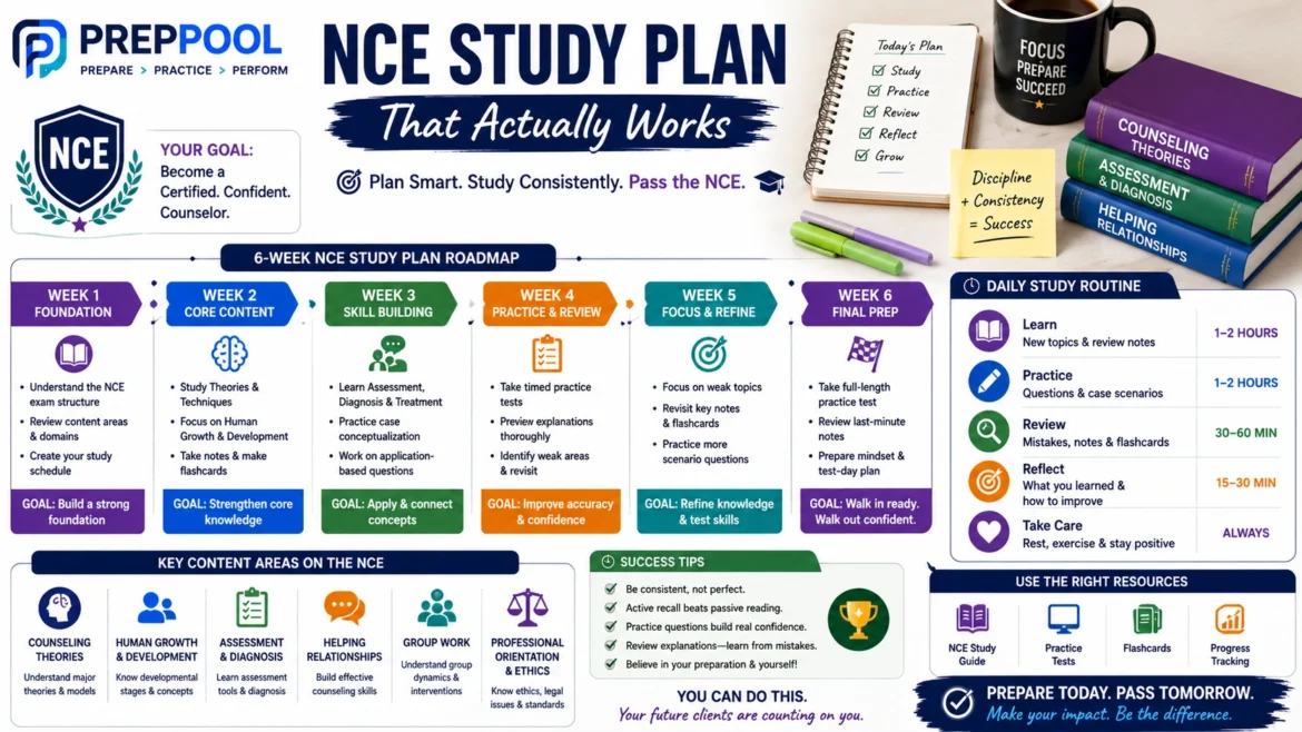 NCE Study Plan infographic by PrepPool featuring a structured week-by-week National Counselor Examination preparation roadmap, study schedule, practice test strategy, counseling content domains, and exam success tips.