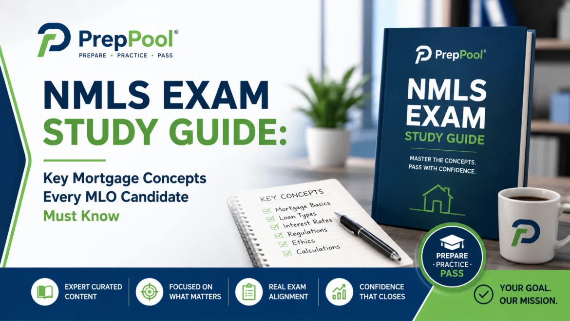 PrepPool NMLS Exam Study Guide featuring key mortgage concepts, loan types, interest rates, regulations, ethics, and calculations for Mortgage Loan Originator (MLO) exam preparation.