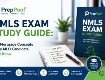 PrepPool NMLS Exam Study Guide featuring key mortgage concepts, loan types, interest rates, regulations, ethics, and calculations for Mortgage Loan Originator (MLO) exam preparation.