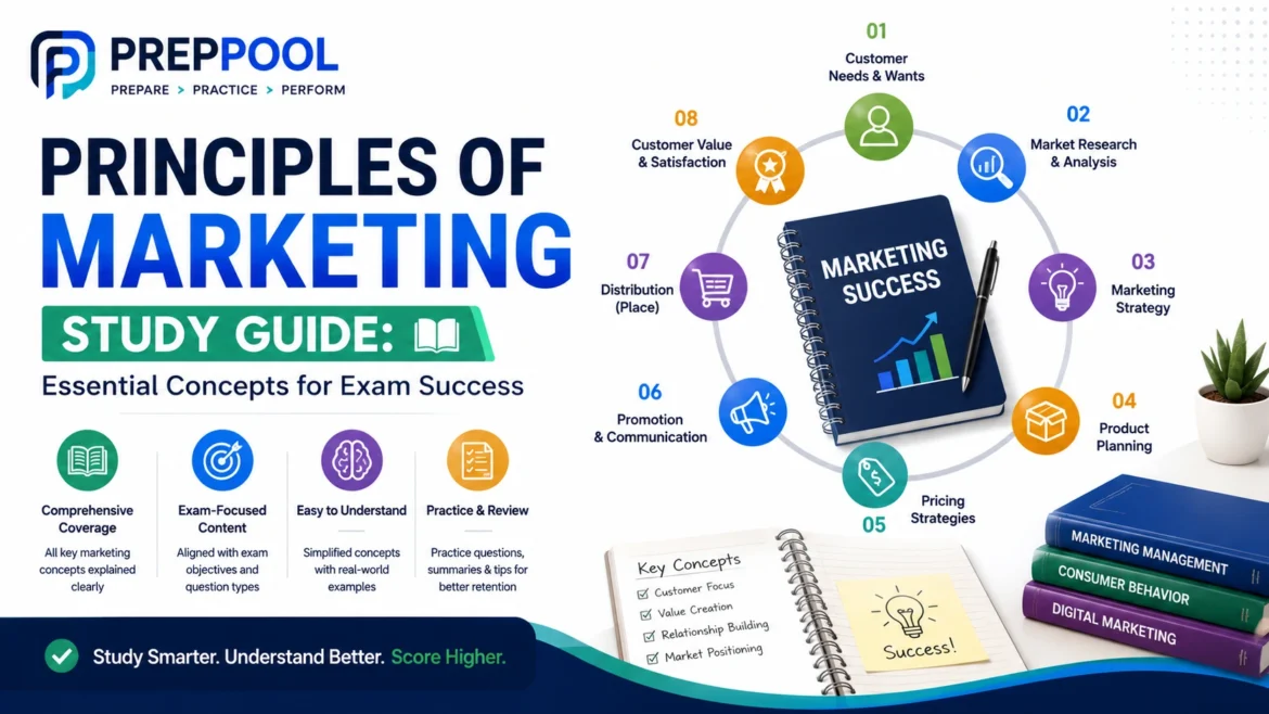 Principles of Marketing Study Guide infographic by PrepPool featuring essential marketing concepts, market research, product strategy, pricing, promotion, customer value, and exam preparation resources for student success.