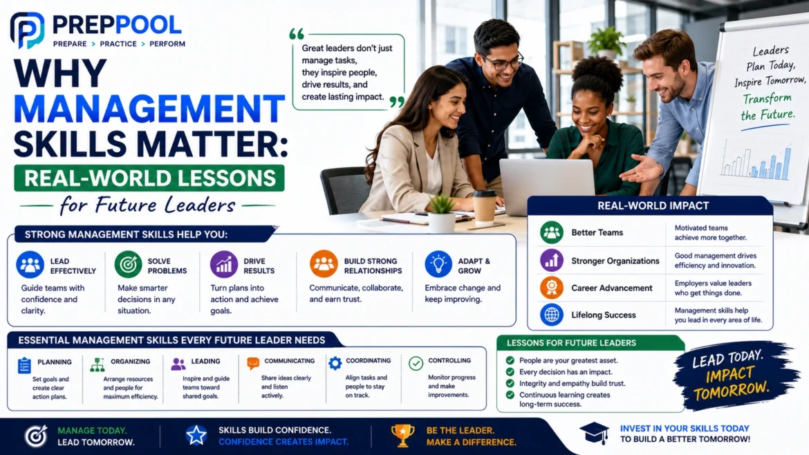 Management skills infographic by PrepPool highlighting leadership, communication, problem-solving, decision-making, teamwork, organizational effectiveness, and real-world lessons for future leaders and business professionals.