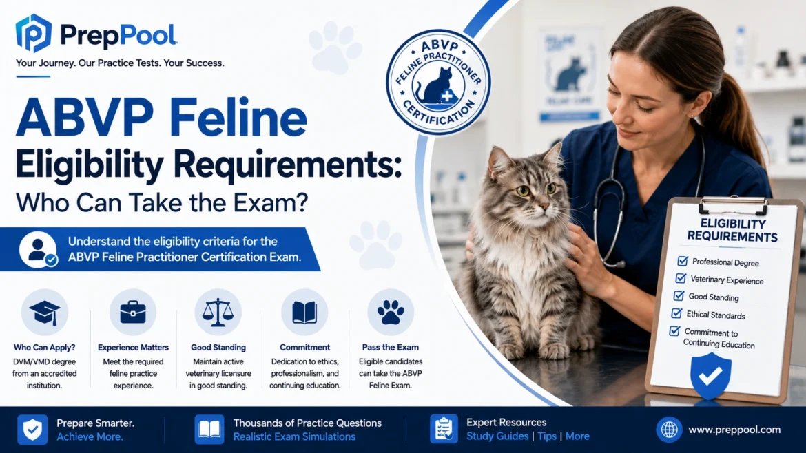 PrepPool infographic explaining ABVP Feline eligibility requirements, including veterinary degree, clinical experience, professional standing, and exam eligibility for feline practitioner certification.