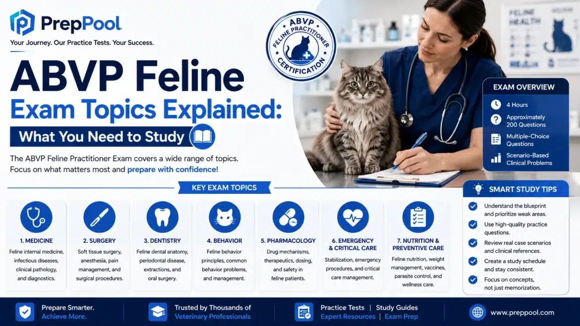 PrepPool infographic explaining ABVP Feline Certification exam topics, including medicine, surgery, dentistry, behavior, pharmacology, emergency care, nutrition, and practical study tips.