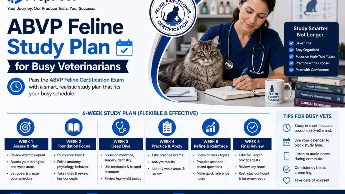 PrepPool infographic featuring a practical ABVP Feline Certification study plan for busy veterinarians, including a 6-week study schedule, time management tips, and exam preparation strategies.