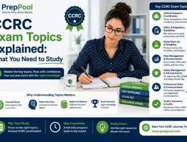 CCRC exam topics study guide showing the key subjects to prepare for the Certified Clinical Research Coordinator exam.